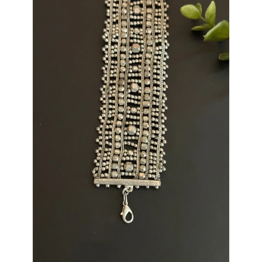 Silver Tone Multi Strand Beaded Wide Cuff Statement Bracelet Boho Tribal 9.5